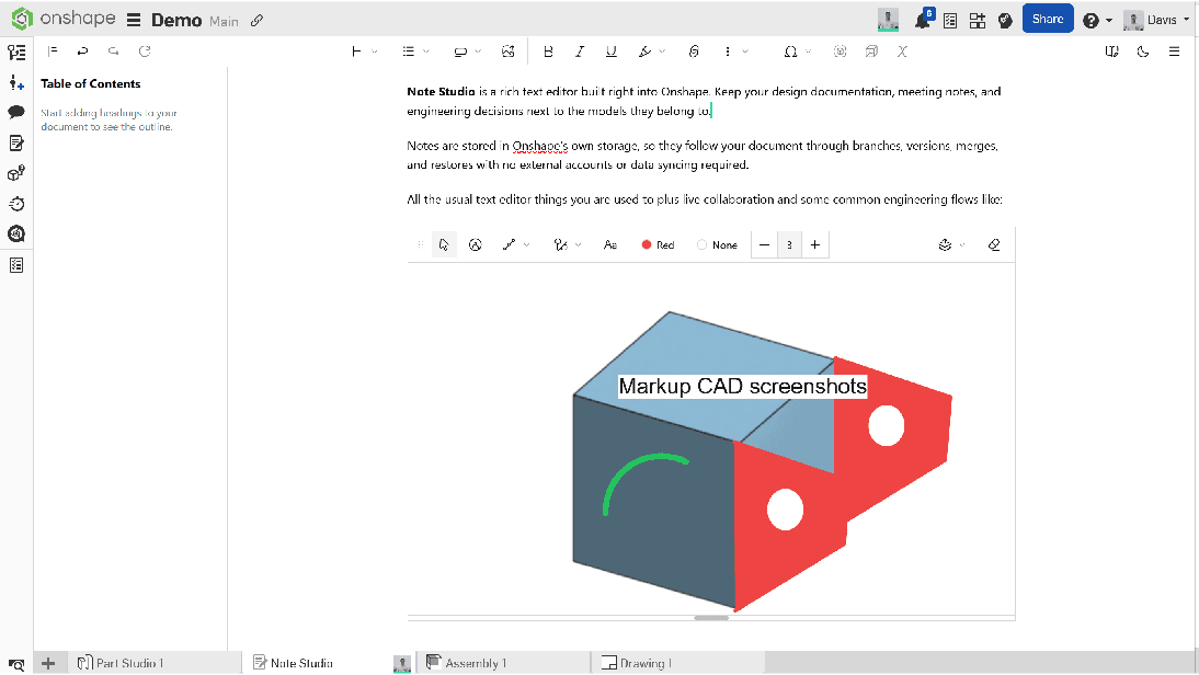 Note Studio running inside Onshape